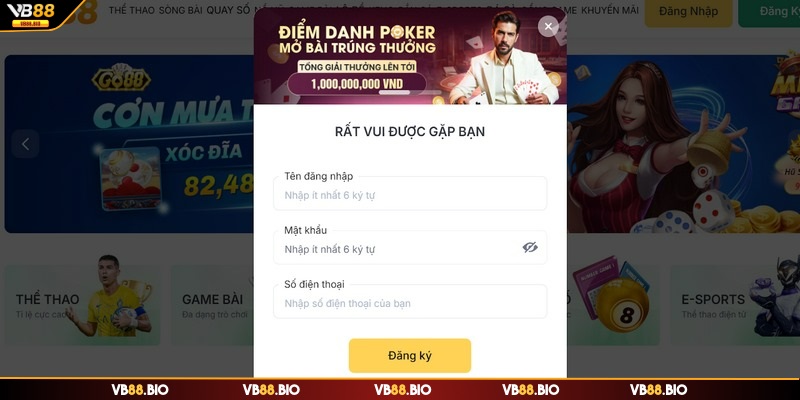 Lính mới tìm nút đăng ký VB88 ở góc trên bên phải trang chủ